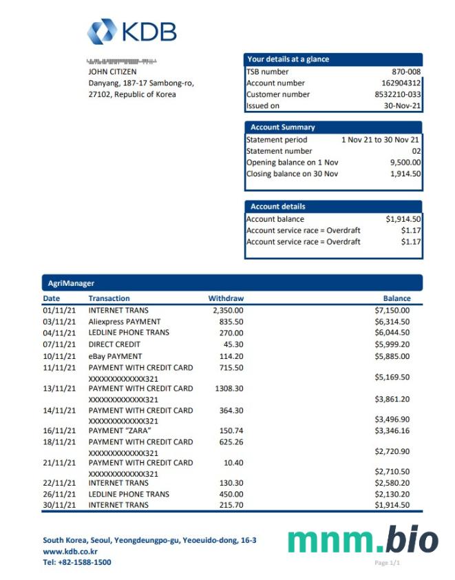Korea Południowa KDB bank dowód adresu szablon oświadczenia w formacie Word i PDF